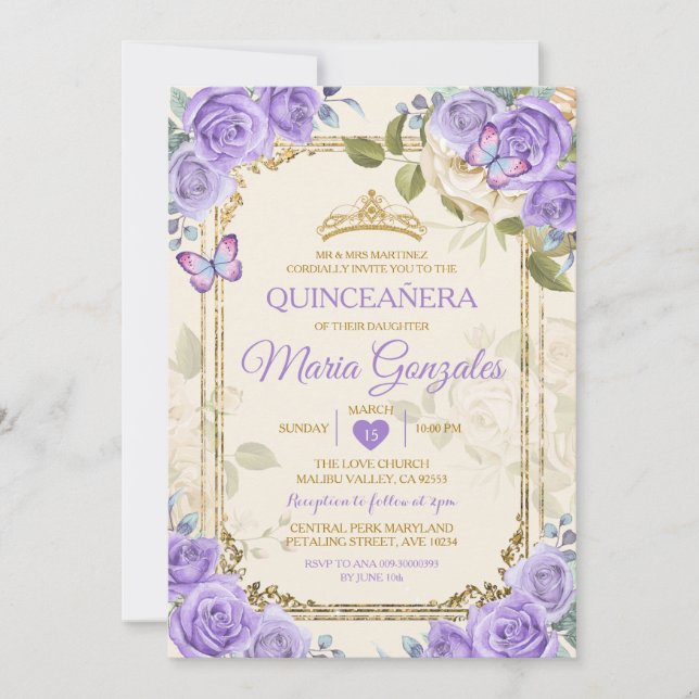 Gold Quinceañera Purple Crown Mexican Butterfly Invitation (Front)