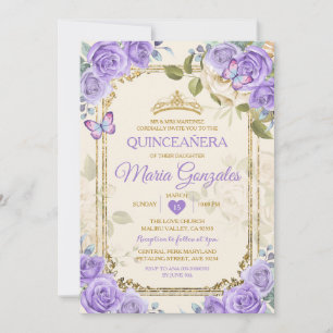 Gold Quinceañera Purple Crown Mexican Butterfly Invitation