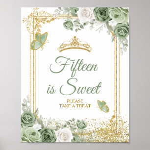 Gold Quinceañera Sage Green Crown 15th is Sweet Poster