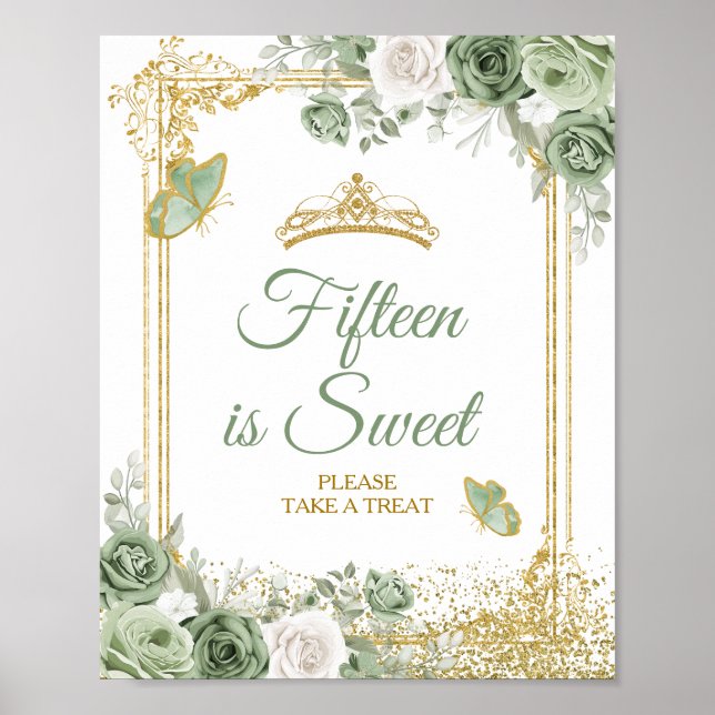 Gold Quinceañera Sage Green Crown 15th is Sweet Poster (Front)