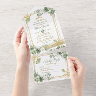 Gold Quinceañera Sage Green Crown All In One Invitation