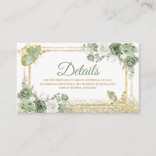 Gold Quinceañera Sage Green Crown Butterfly Detail Enclosure Card