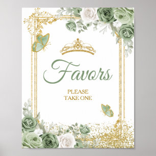 Gold Quinceañera Sage Green Crown Butterfly Favors Poster