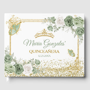 Gold Quinceañera Sage Green Crown Butterfly Guest Book