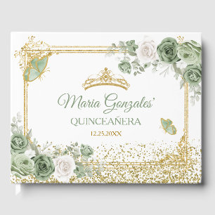 Gold Quinceañera Sage Green Crown Butterfly Guest Book
