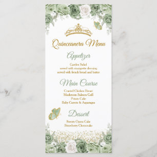 Gold Quinceañera Sage Green Crown Butterfly Menu