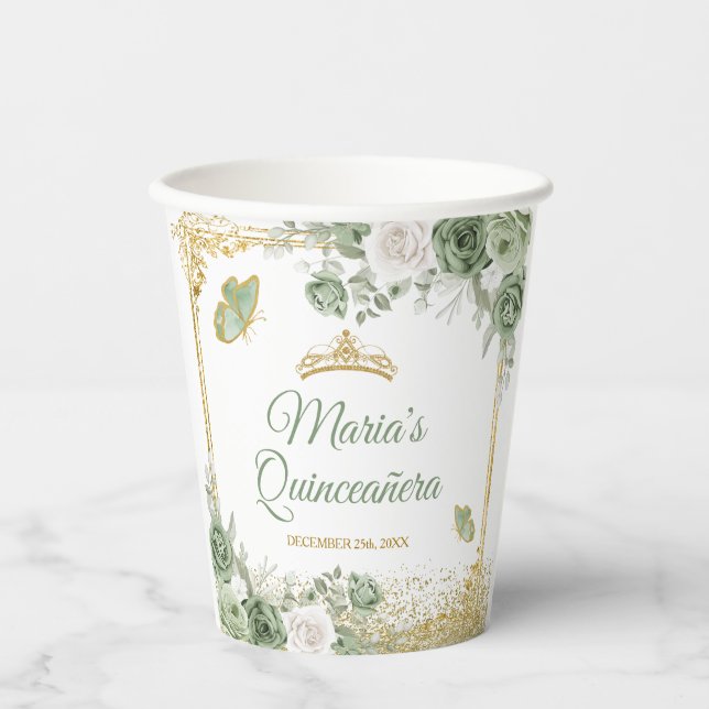 Gold Quinceañera Sage Green Crown Butterfly Paper Cups (Front)