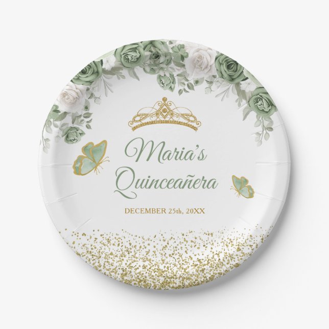 Gold Quinceañera Sage Green Crown Butterfly Paper Plate (Front)