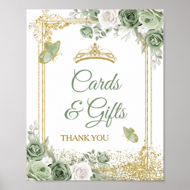 Gold Quinceañera Sage Green Crown Cards & Gifts Poster (Front)