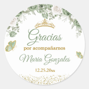 Gold Quinceañera Sage Green Crown Gracias Classic Round Sticker