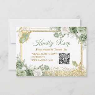 Gold Quinceañera Sage Green Crown QR Rsvp Card