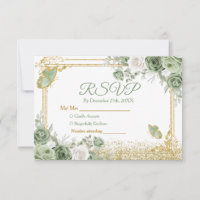 Gold Quinceañera Sage Green Crown Rsvp Card
