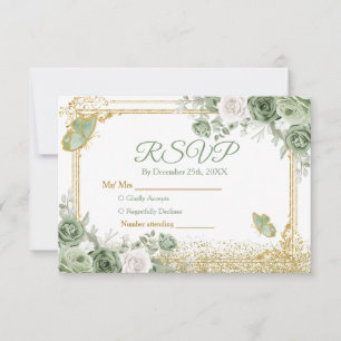 Gold Quinceañera Sage Green Crown Rsvp Card