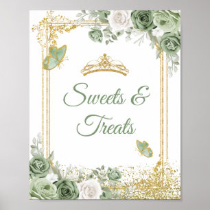 Gold Quinceañera Sage Green Crown Sweet Treats Poster