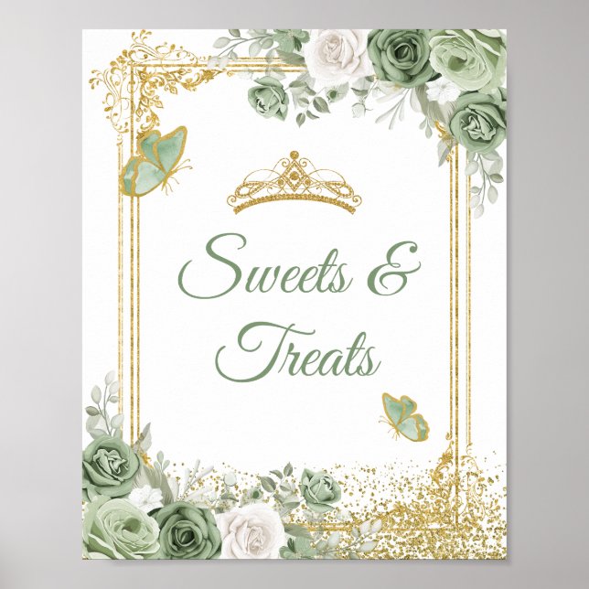 Gold Quinceañera Sage Green Crown Sweet Treats Poster (Front)