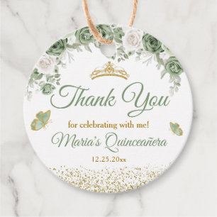 Gold Quinceañera Sage Green Crown Thank You Favour Tags