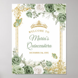 Gold Quinceañera Sage Green Crown Welcome Poster