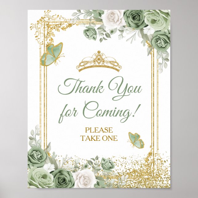 Gold Quinceañera Sage Green Thank You for Coming Poster (Front)