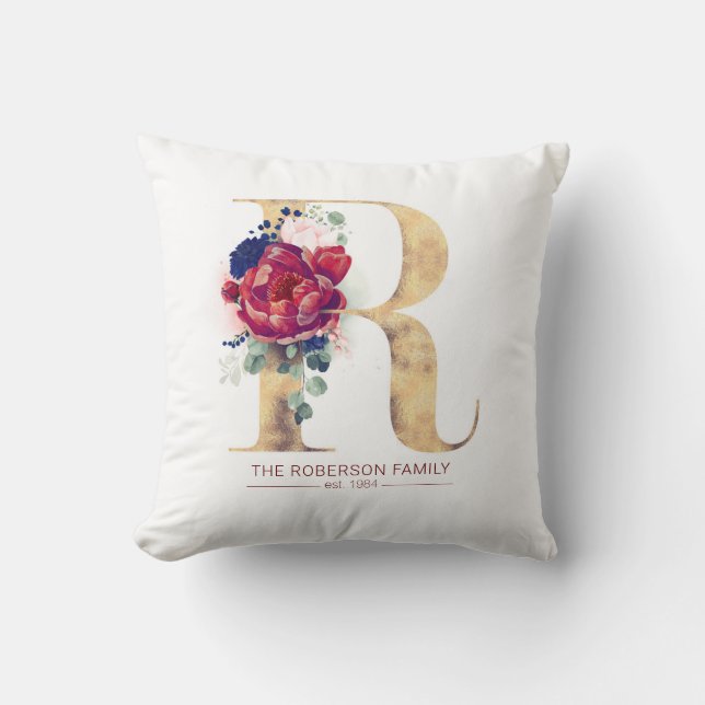 Gold R Monogram Floral Burgundy Red and Navy Blue Cushion (Front)