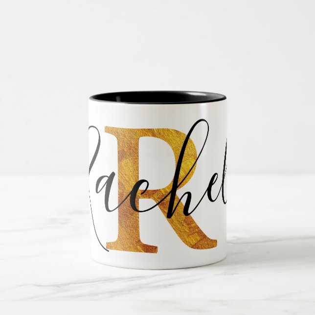 Gold 'R' Monogram w/ Personalised Name Two-Tone Coffee Mug (Center)