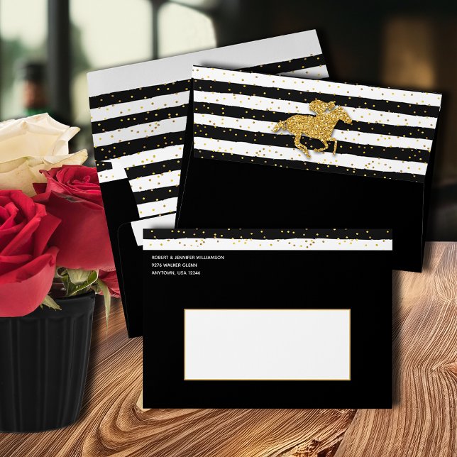 Gold Race Horse Derby Black  Envelope (FREE return address on the front of these envelopes lined with the stripe pattern.)
