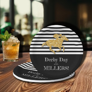 Gold Race Horse on Black and White Stripes Paper Plate