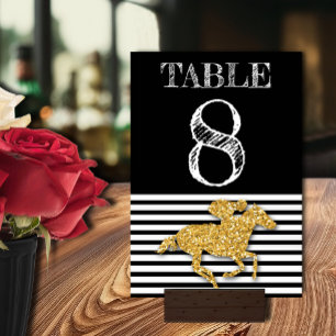 Gold Race Horse on Black & White Stripes Birthday Table Number