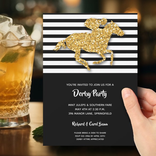Gold Racehorse and Jockey Derby Invitation (Faux gold glitter racehorse on black and white stripes Derby party invitations)