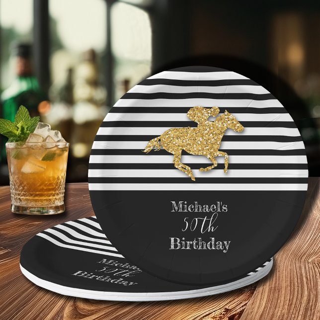 Gold Racehorse Black White Stripes Birthday Paper Plate (Creator Uploaded)