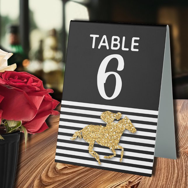 Gold Racehorse Black White Stripes Number (Gold racehorse Derby-theme bridal shower table number tent-style tabletop  sign)