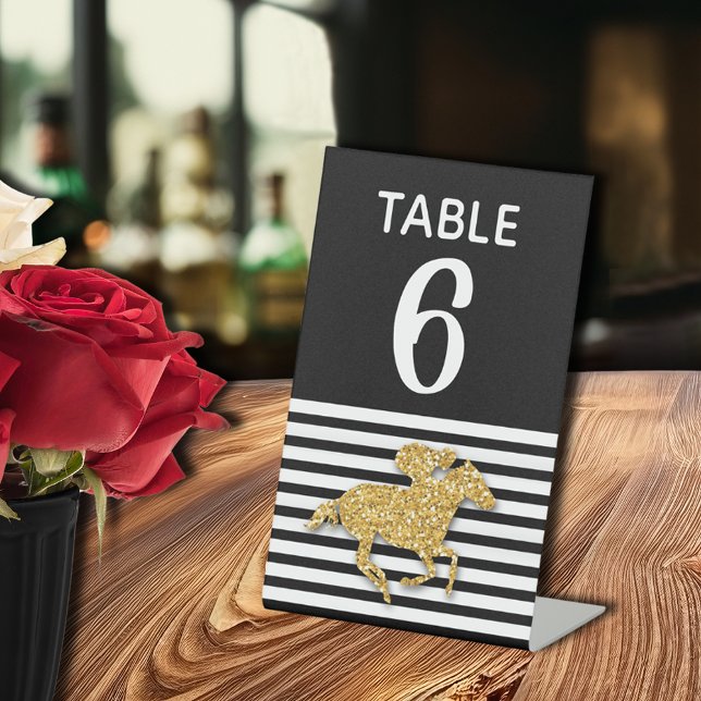Gold Racehorse Bridal Shower Table Number Pedestal Sign (Gold racehorse Derby-theme bridal shower table number pedestal-style tabletop sign)