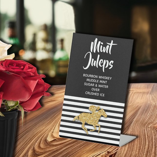 Gold Racehorse Mint Julep Bridal Shower Pedestal Sign (Gold racehorse Derby-theme bridal shower MINT JULEPS tabletop pedestal sign)