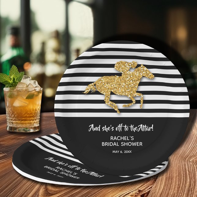 Gold Racehorse Off to the Altar Bridal Shower Paper Plate (Derby bridal shower paper plates in 2 sizes - 7" and 9")