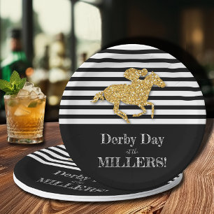 Gold Racehorse on Black and White Stripes Paper Plate