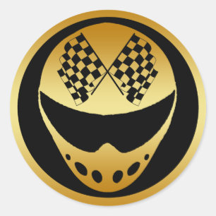 GOLD RACING HELMET WITH CHECKERED FLAGS CLASSIC ROUND STICKER