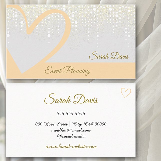 Gold Rain Dripping Cream Peach Heart Event Planner Business Card (Creator Uploaded)