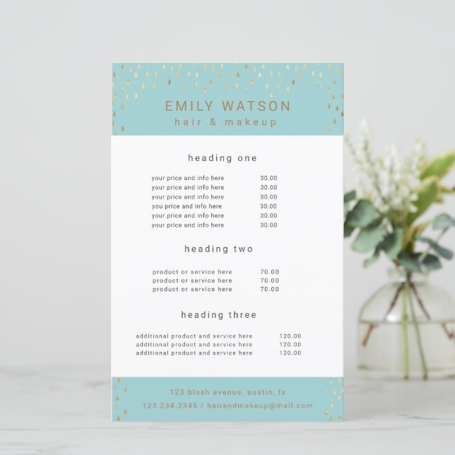 Gold Rain Drops Faux Foil Service and Price Flyer (Standing Front)