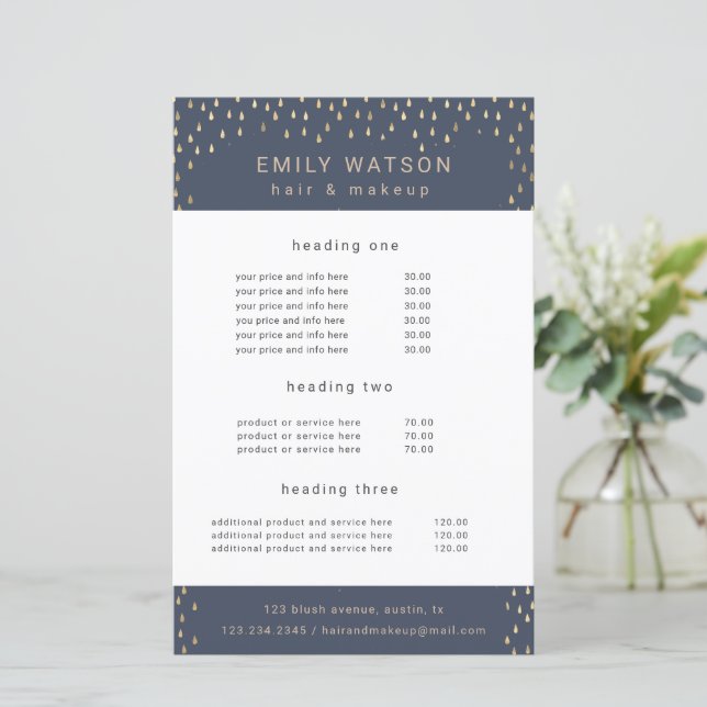 Gold Rain Drops Faux Foil Service and Price Flyer (Standing Front)