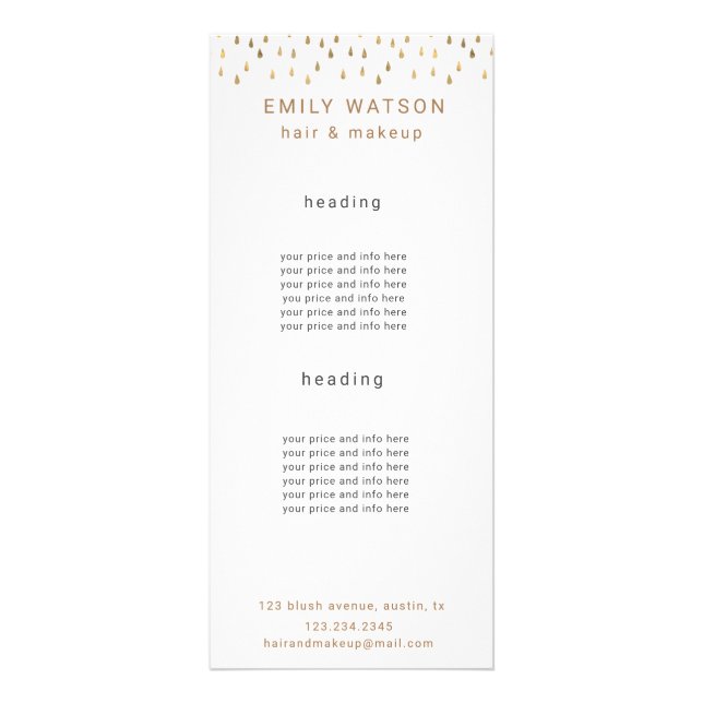 Gold Rain Drops Faux Foil Trendy Price Rack Card (Front)