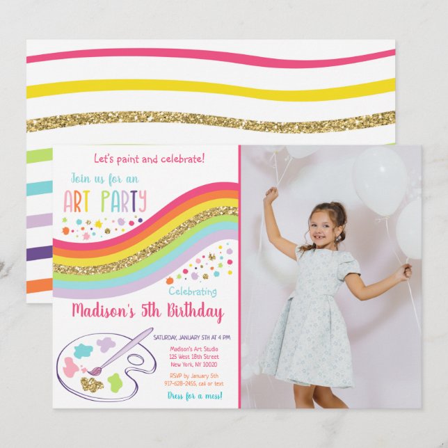 Gold Rainbow Art Party Dress For A Mess Birthday Invitation (Front/Back)