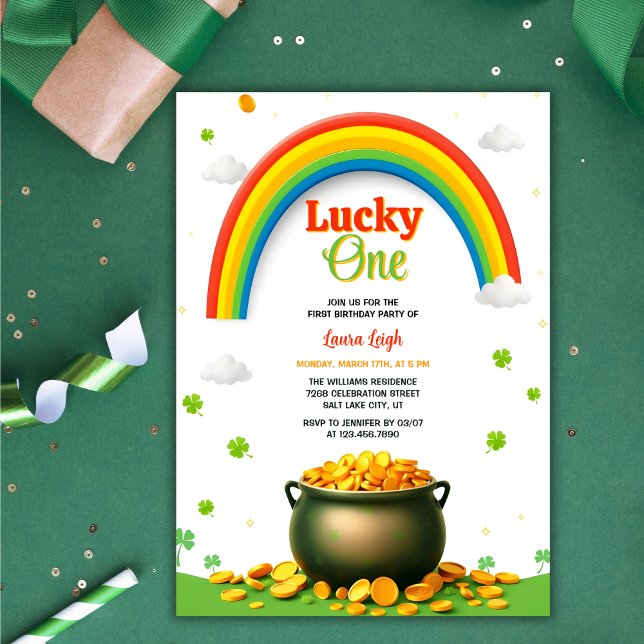 Gold Rainbow St Patricks Day Lucky 1st Birthday Invitation (Lucky One 1st Birthday Invitation – Rainbow, Pot of Gold, and Shamrock Themed Design)