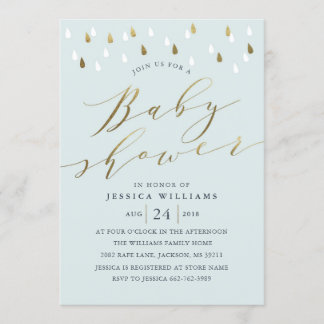 Gold raindrops snd script baby shower invite blue