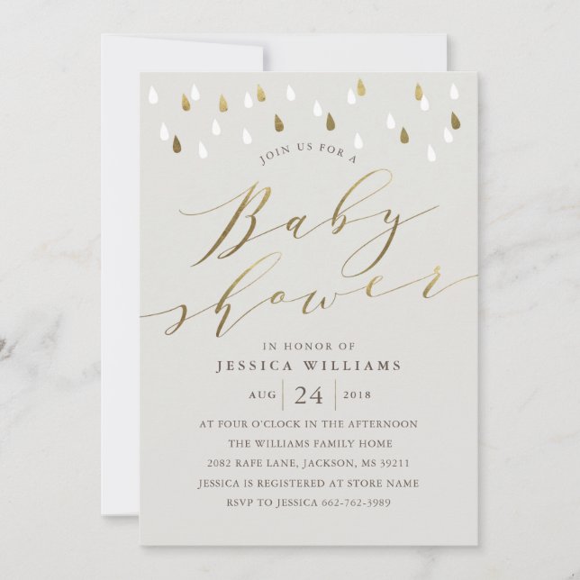 Gold raindrops snd script baby shower invite grey (Front)