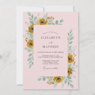 Gold Ranunculus Pink Eucalyptus Wedding Invitation