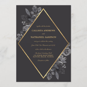 Gold Raven Black Floral Diamond Frame Wedding Invitation