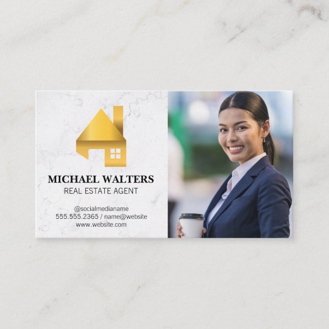 Gold Real Estate Logo | Business Woman  Business Card (Front)