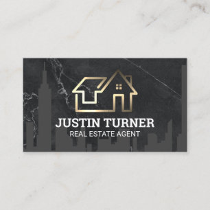 Gold Real Estate Logo   City Skyline   Marble  Business Card