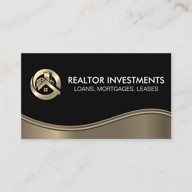 Gold Real Estate Logo | Metallic Wave  Business Card (Front)