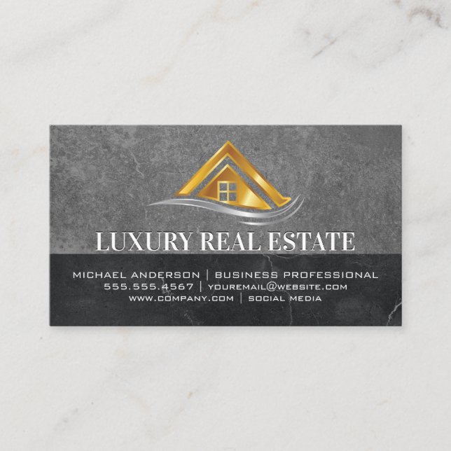 Gold Real Estate Logo | Slate Marble Business Card (Front)