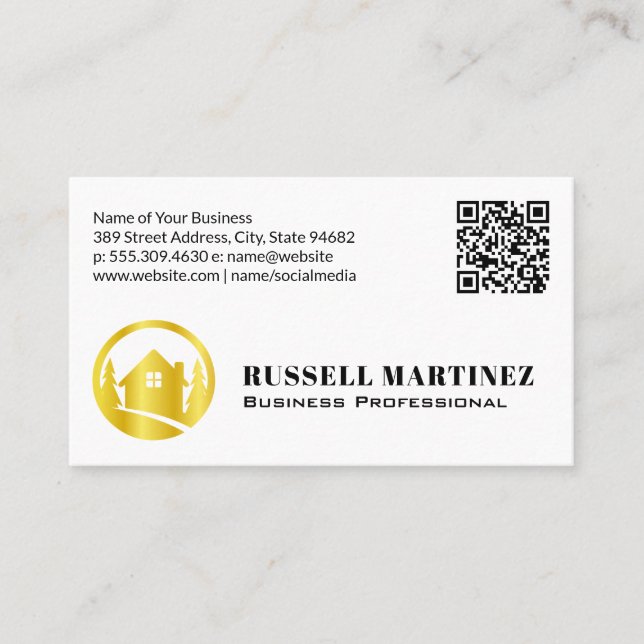 Gold Real Estate Trees Logo | QR Code Business Card (Front)